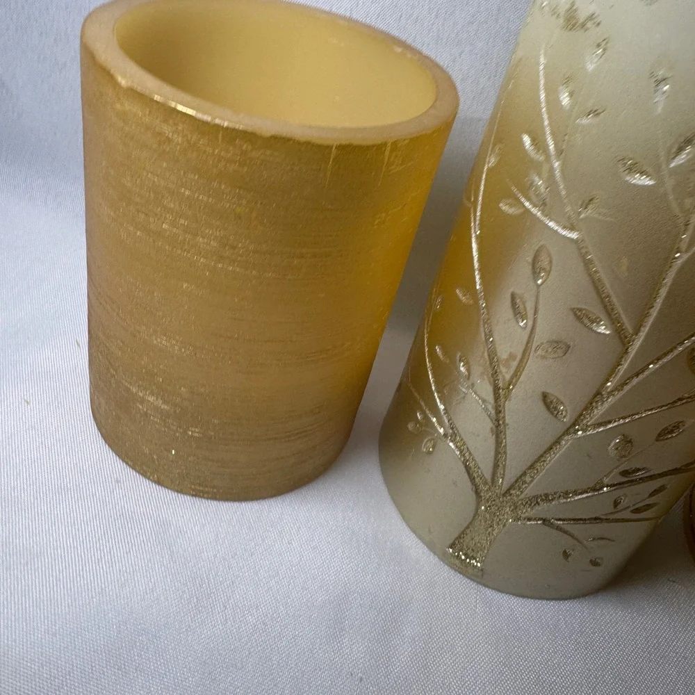 Gold Flameless LED Pillar Candle Set of 5 Glitter Tree & Textured Metallic Decor